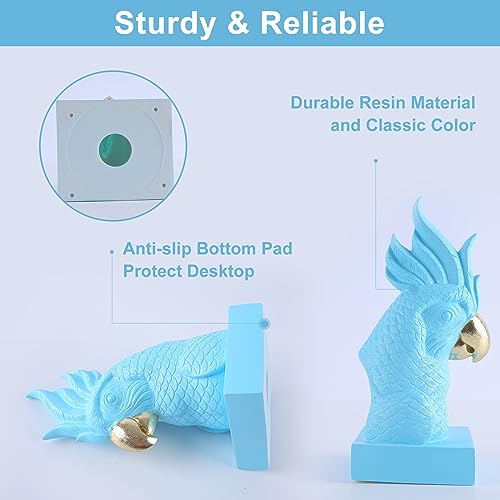 Unique Blue Parrot Decorative Bookends for Home Office Shelves Decor (2 Count)