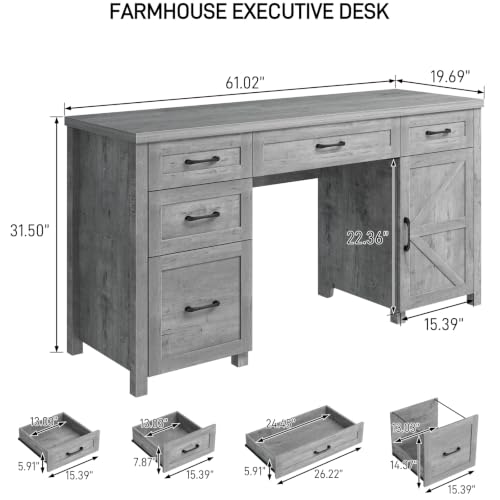 Farmhouse 61'' Executive Desk with 5 Drawers