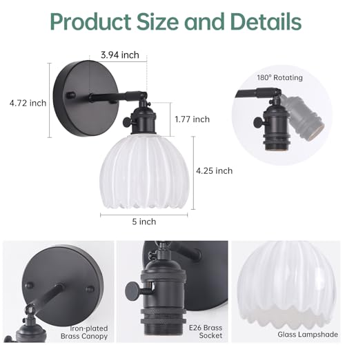 Vintage Battery Operated Wall Sconce with White Tulip Glass Lampshade Rechargeable Battery Powered Black Wall Light with Remote Control for Bedside Bedroom Doorway (2 Count)