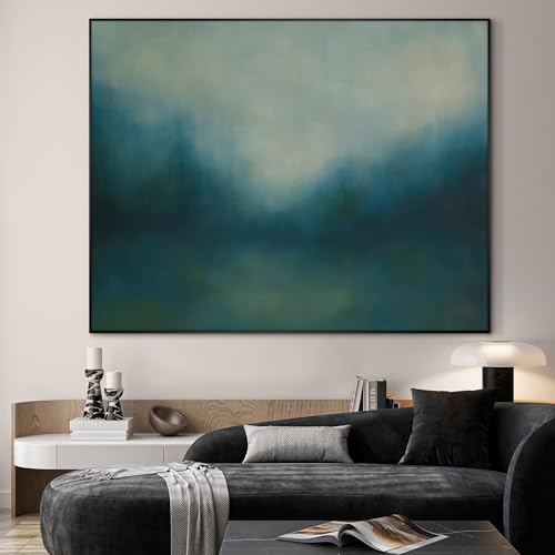 46"x60" Extra Large Framed Wall Art Misty Blue Landscape Abstract Ocean and Sky Illustration for Home Living Room Bedroom Decor