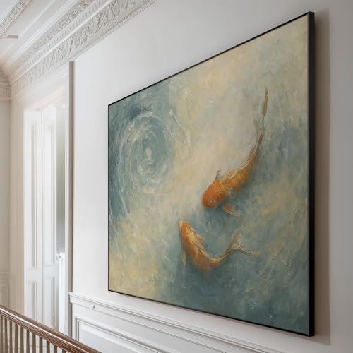 60"x72" Extra Large Framed Wall Art Koi Fish Swirl Tranquil Water Illustration for Home Living Room Bedroom Decor