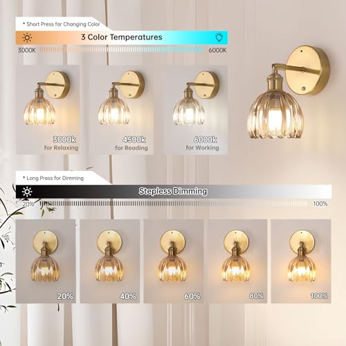 Battery Operated Vintage Wall Sconces with Amber Tulip Glass Lampshade Battery Powered Wall Lighting for Bedside Bedroom Doorway