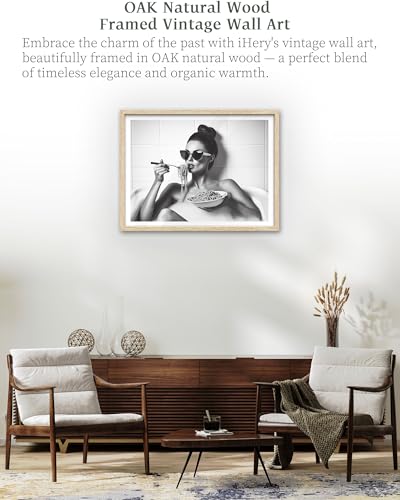 12x16in Natural OAK Wood Framed Woman Eating Pasta Wall Art