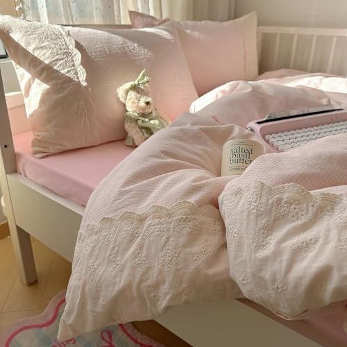 Pink Gingham Comforter Set Queen 3 Pieces Princess Lace Bedding Set Vintage Plaid Checkered Comforter with 2 Lace Pillowcases Soft Breathable Pink Grid Comforter Set for Girls Teens Women