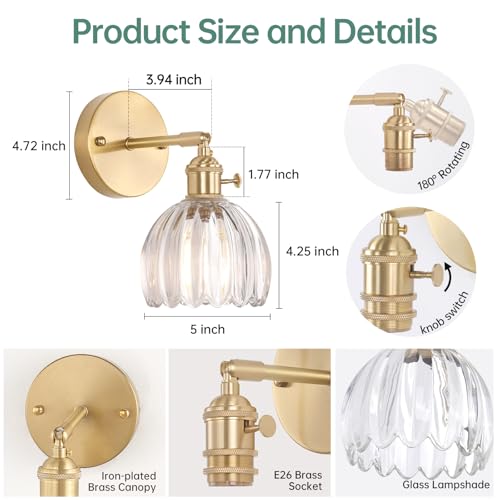 Vintage Wall Sconces Set of 2 with Transparent Tulip Glass Lampshade 180 Degree Adjustable Brass Sconces Hradwired Modern Wall Lighting Fixture with Switch for Bedside Bedroom Doorway (2 Count)