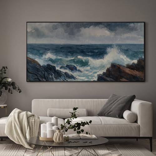 36"x72" Extra Large Framed Wall Art Rocky Seashore with Crashing Waves and Moody Sky for Home Living Room Bedroom Decor