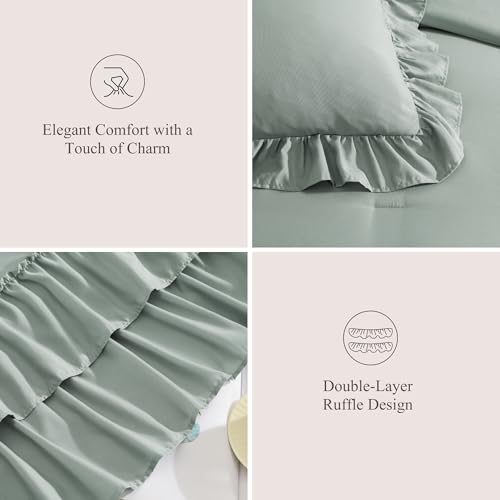 Full Size Comforter Set Sage Green Ruffle 7 Pieces Farmhouse Bed in a Bag