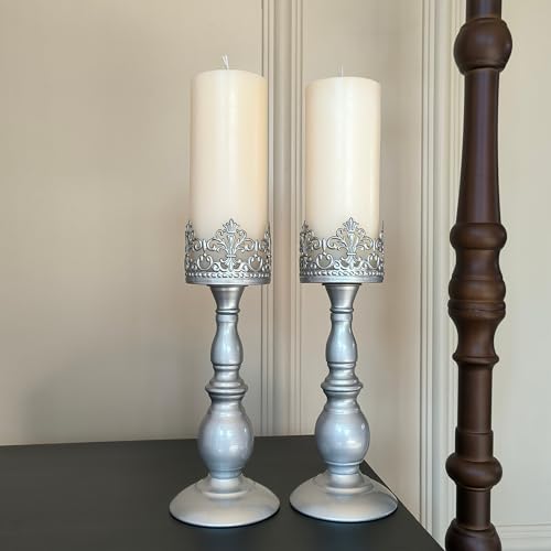 Candle Holders for Pillar Candles Gothic Matte Pearl Silver Tall Candle Holders Set of 2 Decorative Large Table Centerpieces Candle Stand Decor (2 Count)
