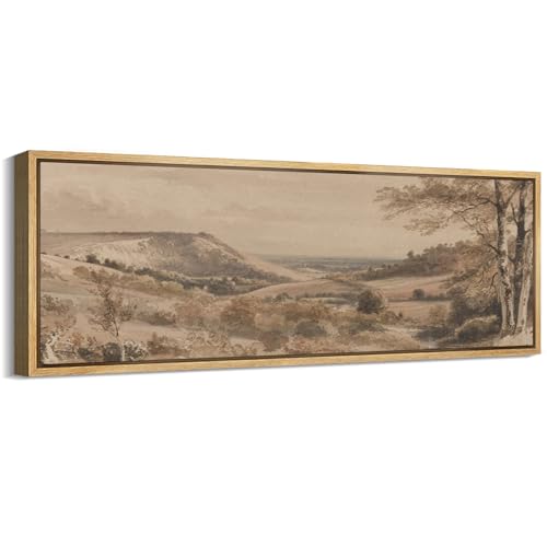 Large Framed Canvas Print Wall Art Vintage Neutral Tone Countryside Landscape Retro Fine Art Illustrations Decorative Colorful for Bedroom