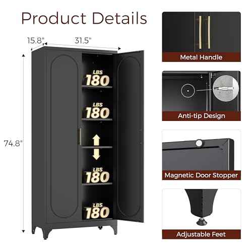 75" Tall White Storage Cabinet with Doors & 4 Adjustable Shelves