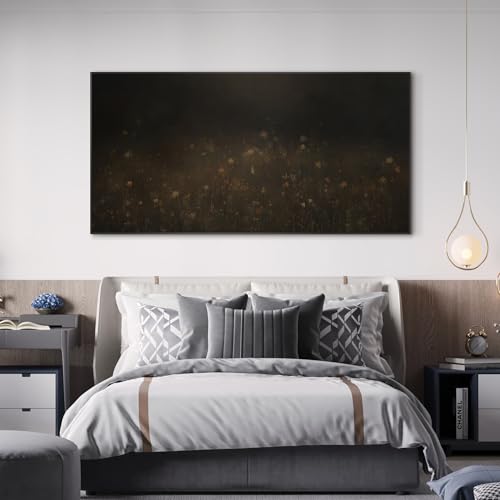 24"x46" Extra Large Framed Wall Art Dark Floral Meadow Moody Wildflower Field in Deep Earthy Tones Illustration for Home Living Room Bedroom Decor
