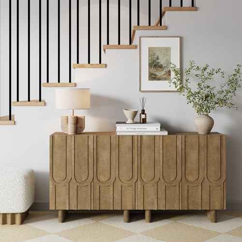 Kelly Mid Century Style Credenza with Geometric Carved Doors