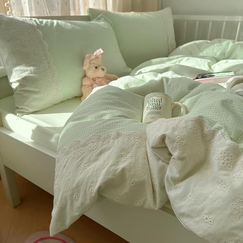 Green Gingham Comforter Set King Romantic Lace Style Vintage Checkered Plaid Comforter Set 3 Pieces Green Grid Comforter with 2 Pillowcases Soft Fluffy Farmhouse Gingham Bedding Set King
