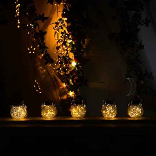 Gifts for her him 2 Pack Solar Lanterns Outdoor Waterproof Heavy Crackle Glass 30 LED Warm Firefly Lights Stainless Steel Lid 215% Solar for Women Mom Grandma Outdoor Lamps Garden Yard Decor (2 Count)