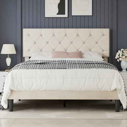 Queen Size Bed Frame with Diamond Tufted Headboard