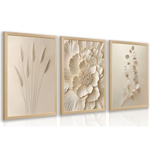 Wood Framed Neutral Beige Botanical Wall Art Set of 3 (3 Count)