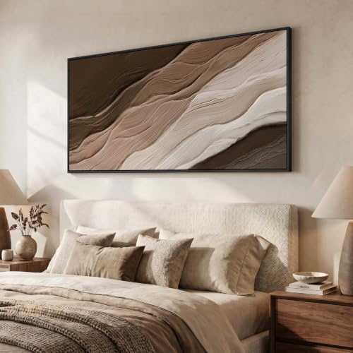 Large Framed Neutral Brown Beige Abstract Wall Art for Living Room 60x30 In