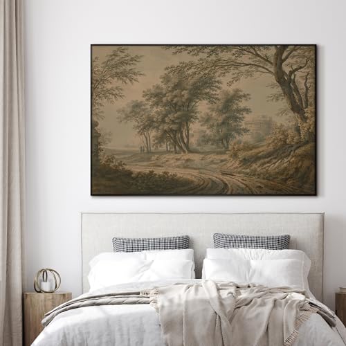 46"x72" Extra Large Framed Wall Art Antique Sepia Landscape with Trees and Historic Architecture for Home Living Room Bedroom Decor