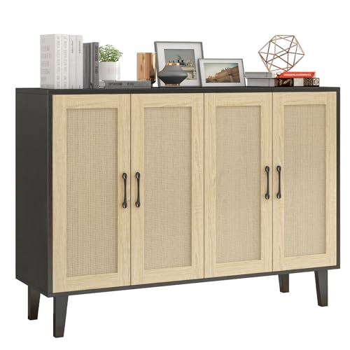 Buffet Storage Cabinet with Rattan Decorating 4 Doors Living Room Kitchen Sideboard 48.43 x 34.65 x 15 inch