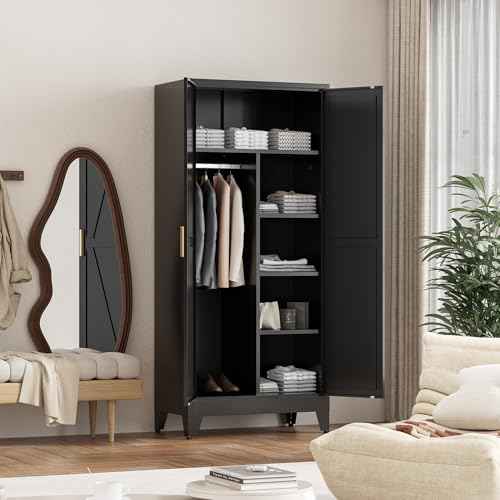 71'' Farmhouse Metal Wardrobe Cabinet with Hanging Rod