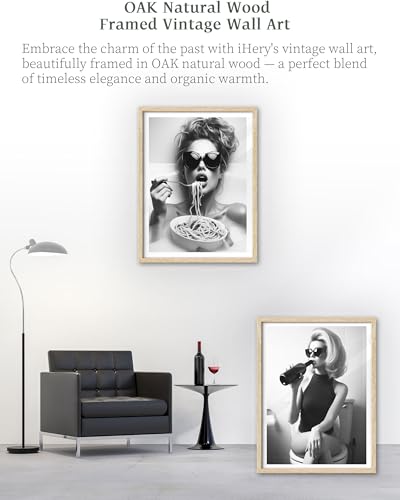 12x16in Natural OAK Wood Framed Woman Eating Pasta Wall Art