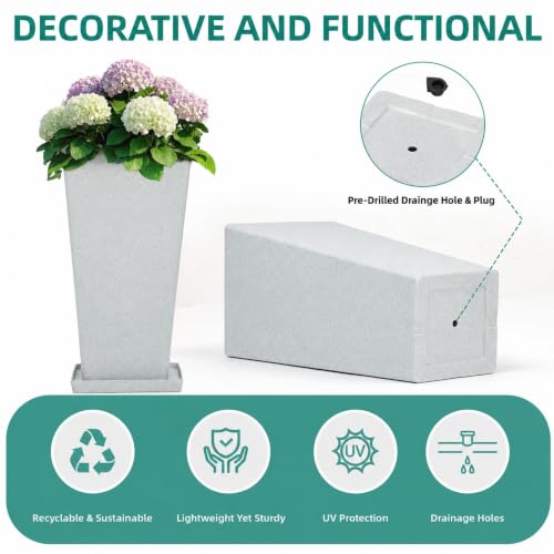 Autodaya 28" Plant Pots Tall Planters for Outdoor Plants Set of 2 with Tray (2 Count)