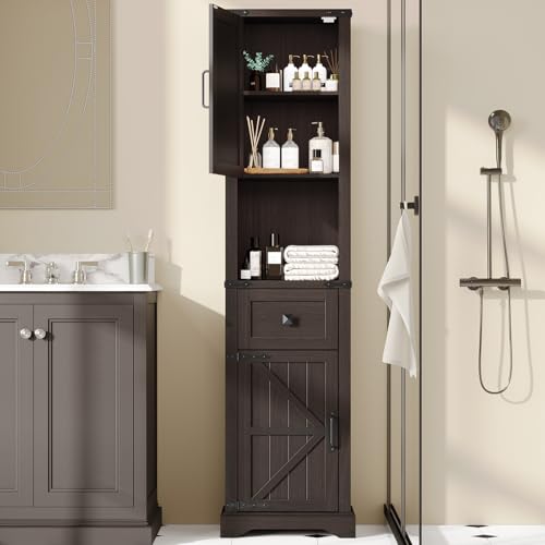 66" Tall Farmhouse Bathroom Storage Cabinet with Barn Door