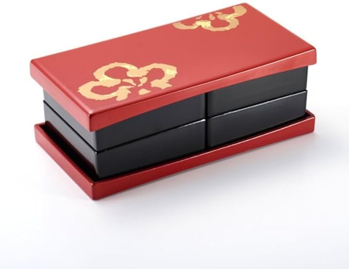 Japanese Bento Box Plum Lunch Container 2-tier Jubako Lacquerware Japan (Red)