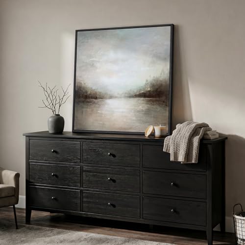 Framed Neutral Abstract Lake Landscape Canvas Wall Art Decor