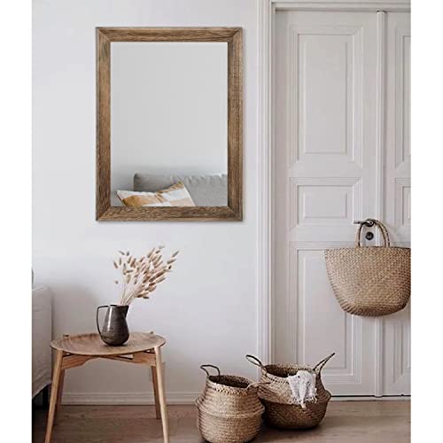 Rustic Wood Mirror Rectangle Decorative Wall Mirrors with Frame Large 26"x18"for Bedroom Living Room Bathroom Entryway Hanging Brown