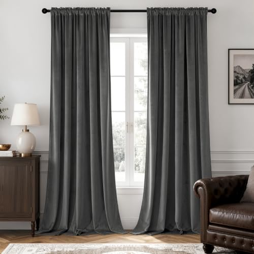 Grey Blackout Velvet Curtains Drapes 108 Inch Long 52"x108" Bedroom (2 Count)