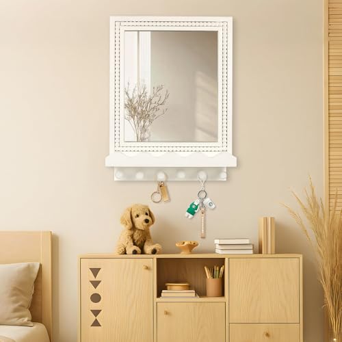 16x12 Inch Wall Mount Beaded Wood Framed Mirror with Shelf and 6 Hooks