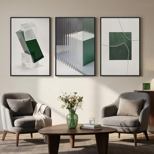 Large Framed Green White Abstract Wall Art for Living Room (3 Count)