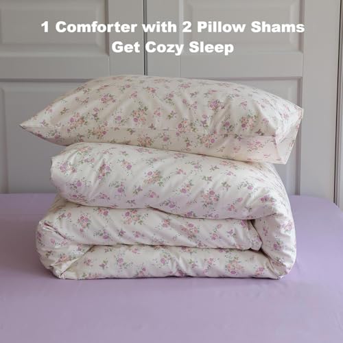 Vintage Garden Floral Comforter Set Queen Cute Pink Floral Bedding Comforter for Queen Bed Reversible Botanical Flowers Comforter with 2 Pillowcases Girls Cottagecore Bedding Comforter Set (3 Piece Set)