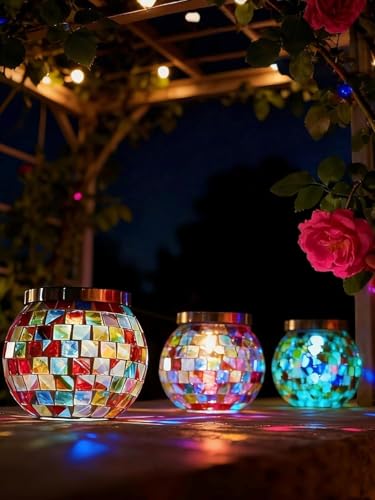 4 Pack Valentines Day Gifts for Him Her Landscape Lighting Path Lights Heavy Solar Mosaic Lantern with RGB Color (4 Count)