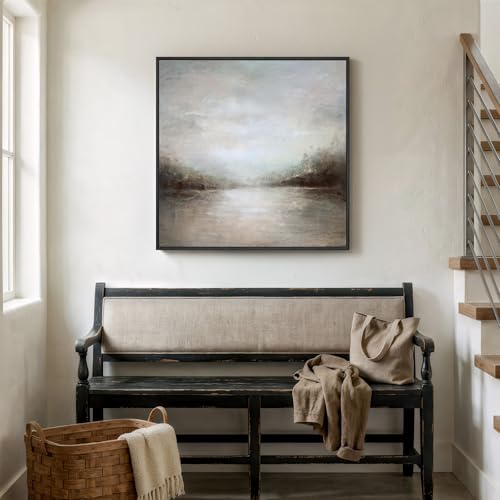 Framed Neutral Abstract Lake Landscape Canvas Wall Art Decor