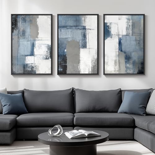 Large Framed Blue and Gray Modern Abstract Wall Art (3 Count)