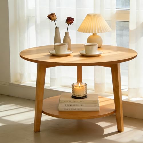 2 Tier Round Coffee Table Wood Nesting Side Table