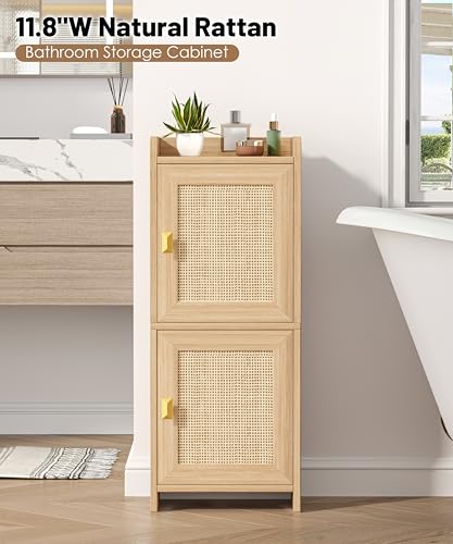 Rattan Small Bathroom Cabinet Narrow Toilet Paper Organizer Oak