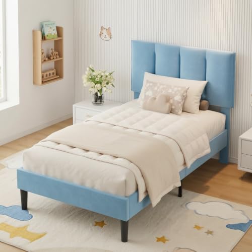 Twin Size Bed Frame with Upholstered Headboard
