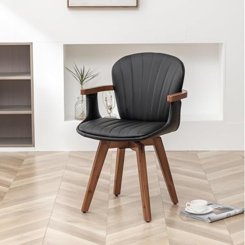Swivel Dining Room Chairs Set of 2 Mid Century Modern Black Faux Leather Kitchen Chairs with Arms Bamboo Legs Side Chairs No Wheels Bentwood Frame Accent Chair for Dining Rooms and Offices (2 Count)