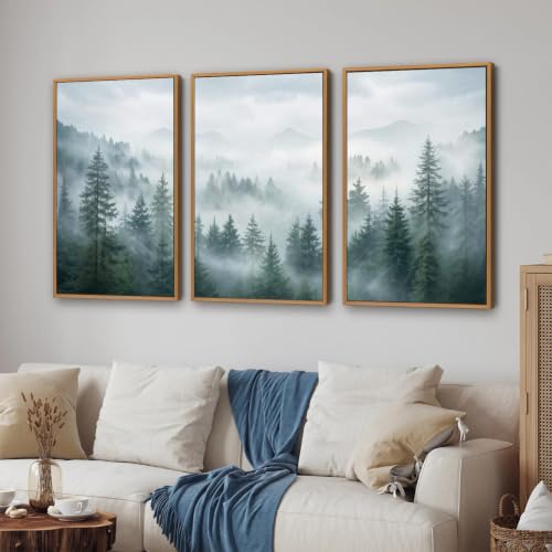 Large Misty Forest Framed Canvas Wall Art Set