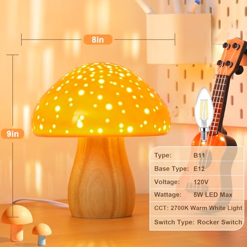 Mushroom Lamp Ceramic Bedside Table Lamp for Bedroom Orange