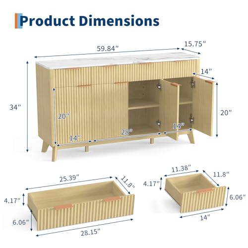 60" Large Farmhouse Sideboard Buffet Cabinet with Storage Drawers & Adjustable Shelves