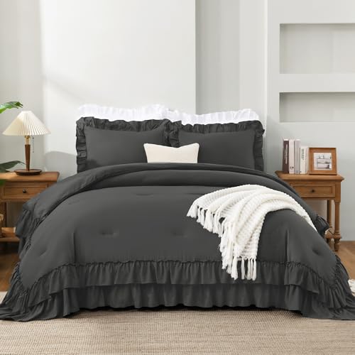 Dark Grey Ruffle Comforter Set Queen Size