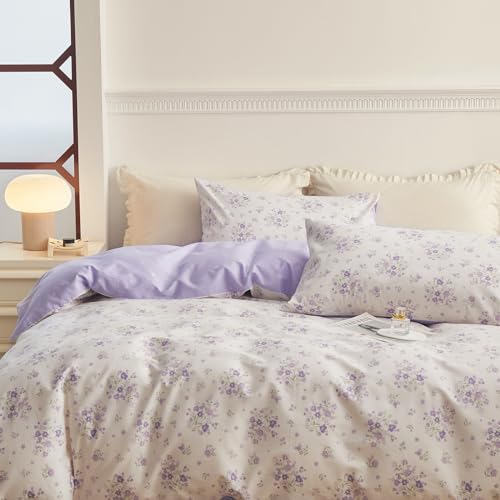 Vintage Floral Comforter Set Queen Purple Flower Bedding Comforter for Queen Bed Boho Garden Floral Botanical Comforter with 2 Pillowcases Farmhouse Bedding Girls Floral Comfy Comforter Set