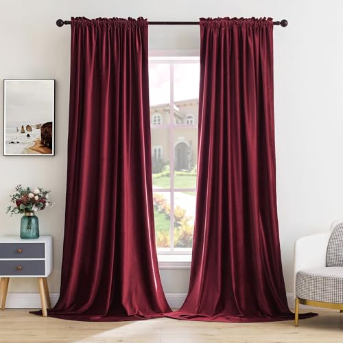 Burgundy Red Blackout Velvet Curtains Drapes 90 Inch Long 52"x90" (2 Count)