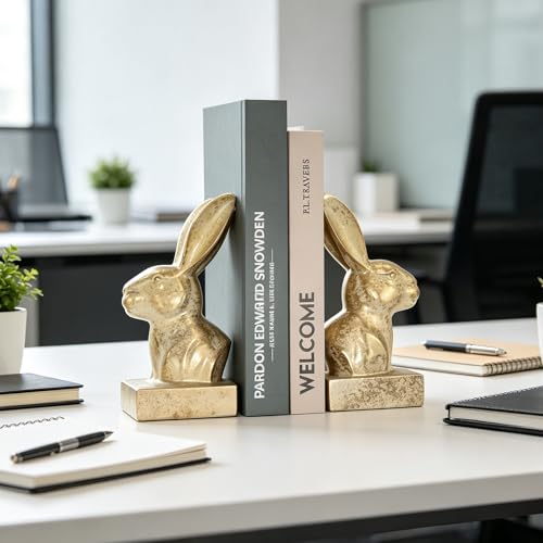 Unique Gold Rabbit Decorative Bookends for Home Office Shelves Decor (2 Count)