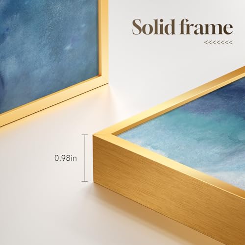 Large Framed Blue Gold Abstract Wall Art for Living Room (3 Count)