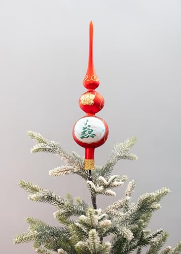 Tree Topper Mouth Blown Christmas Tree Topper Finial Red Glass Tree Topper Hand Decorated Made in Poland